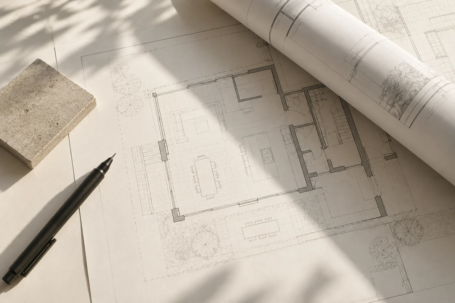 Illustrative architectural plans, a drafting pen, and a stone sample